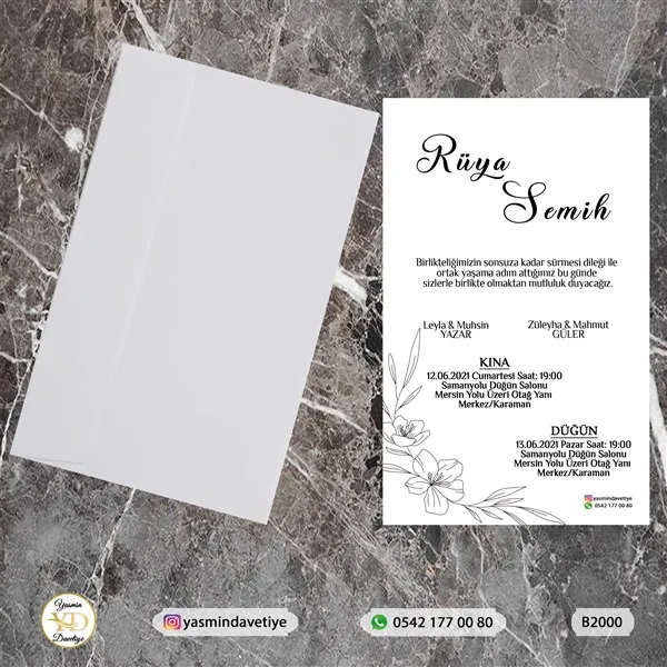 BEYAZ ZARFLI DAVETİYE B2000 Yasmin Davetiye Düğün - Sünnet - Nişan Davetiyeleri BEYAZ ZARFLI DAVETİYE B2000 - Görsel 1