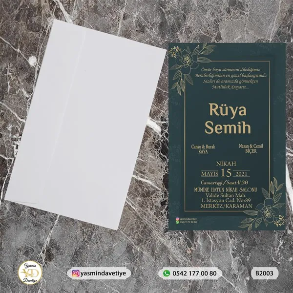 BEYAZ ZARFLI DAVETİYE B2003 Yasmin Davetiye Düğün - Sünnet - Nişan Davetiyeleri BEYAZ ZARFLI DAVETİYE B2003 - Görsel 1