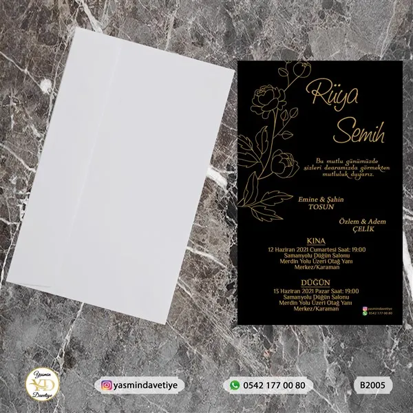 BEYAZ ZARFLI DAVETİYE B2005 Yasmin Davetiye Düğün - Sünnet - Nişan Davetiyeleri BEYAZ ZARFLI DAVETİYE B2005 - Görsel 1