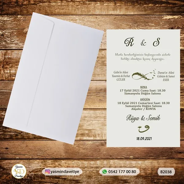 BEYAZ ZARFLI DAVETİYE B2038 Yasmin Davetiye Düğün - Sünnet - Nişan Davetiyeleri BEYAZ ZARFLI DAVETİYE B2038 - Görsel 1