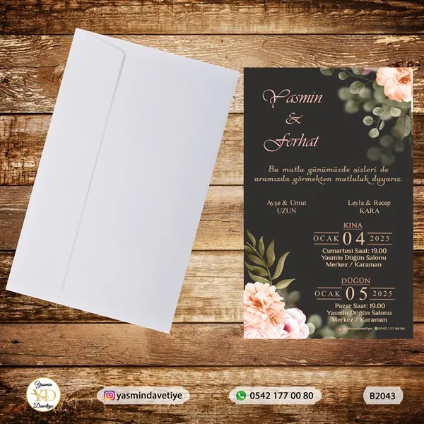 BEYAZ ZARFLI DAVETİYE B2043 Yasmin Davetiye Düğün - Sünnet - Nişan Davetiyeleri BEYAZ ZARFLI DAVETİYE B2043 - Görsel 1