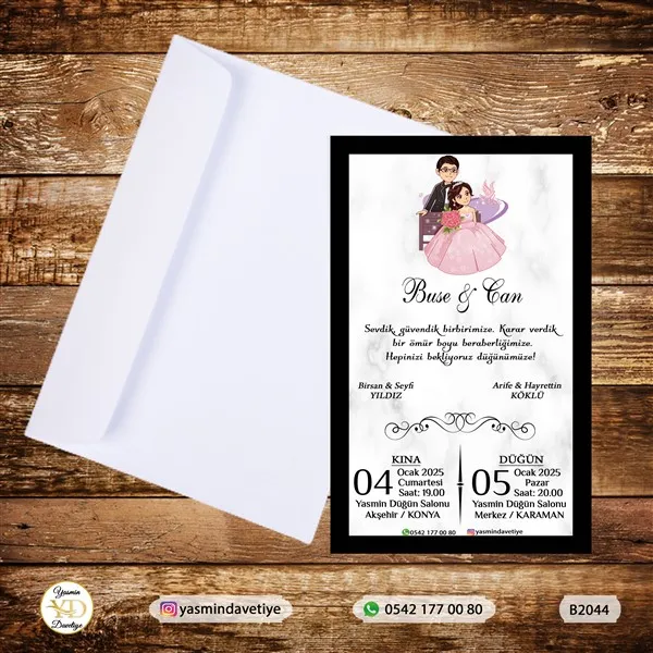 BEYAZ ZARFLI DAVETİYE B2044 Yasmin Davetiye Düğün - Sünnet - Nişan Davetiyeleri BEYAZ ZARFLI DAVETİYE B2044 - Görsel 1