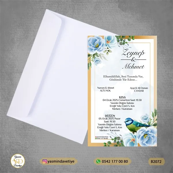 BEYAZ ZARFLI DAVETİYE B2072 Yasmin Davetiye Düğün - Sünnet - Nişan Davetiyeleri BEYAZ ZARFLI DAVETİYE B2072 - Görsel 1