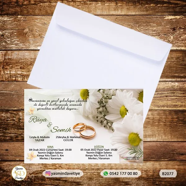 BEYAZ ZARFLI DAVETİYE B2077 Yasmin Davetiye Düğün - Sünnet - Nişan Davetiyeleri BEYAZ ZARFLI DAVETİYE B2077 - Görsel 1