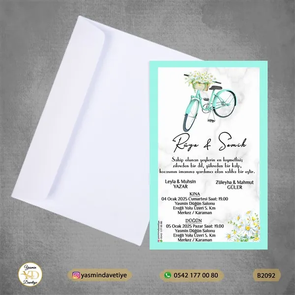 BEYAZ ZARFLI DAVETİYE B2092 Yasmin Davetiye Düğün - Sünnet - Nişan Davetiyeleri BEYAZ ZARFLI DAVETİYE B2092 - Görsel 1