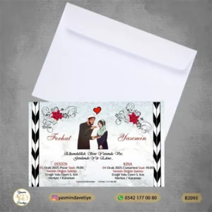 BEYAZ ZARFLI DAVETİYE B2093 Yasmin Davetiye Düğün Davetiyeleri , Sünnet Davetiyeleri, Nişan Davetiyeleri