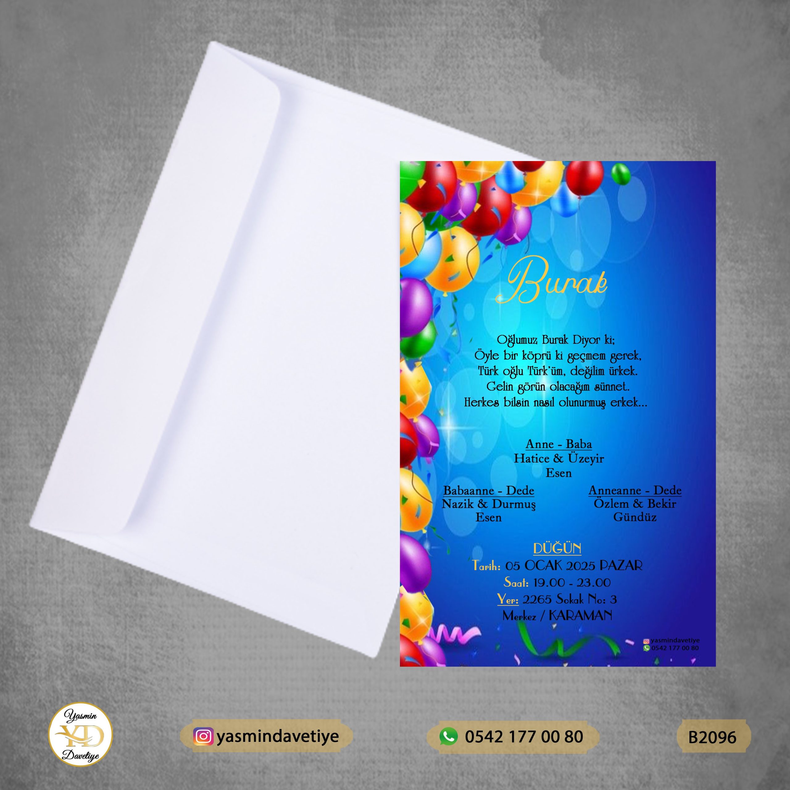 Beyaz Zarflı Davetiye – B2096 Yasmin Davetiye Düğün - Sünnet - Nişan Davetiyeleri Beyaz Zarflı Davetiye - B2096 - Görsel 1