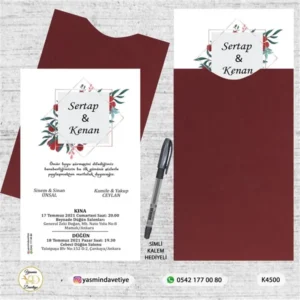 KAPALI BORDO ZARFLI DAVETİYE K4500 Yasmin Davetiye Düğün Davetiyeleri , Sünnet Davetiyeleri, Nişan Davetiyeleri