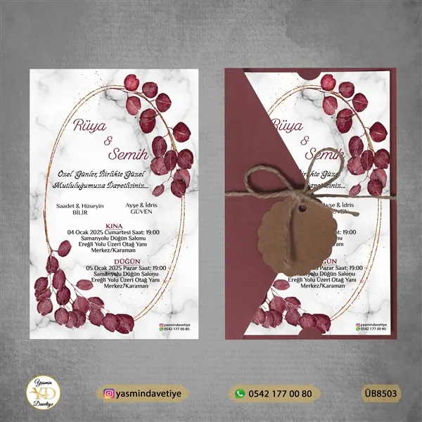 ÜÇGEN BORDO ZARFLI DAVETİYE ÜB8503 Yasmin Davetiye Düğün - Sünnet - Nişan Davetiyeleri ÜÇGEN BORDO ZARFLI DAVETİYE ÜB8503 - Görsel 1