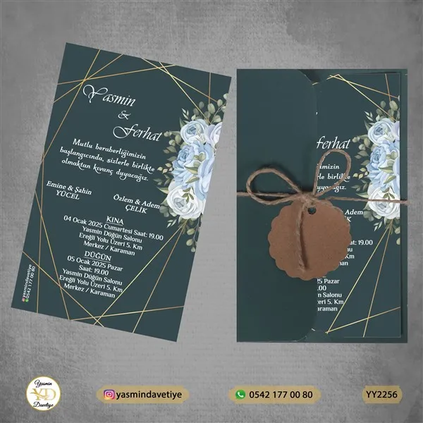 YARIM YEŞİL ZARFLI DAVETİYE YY2256 Yasmin Davetiye Düğün - Sünnet - Nişan Davetiyeleri YARIM YEŞİL ZARFLI DAVETİYE YY2256 - Görsel 1