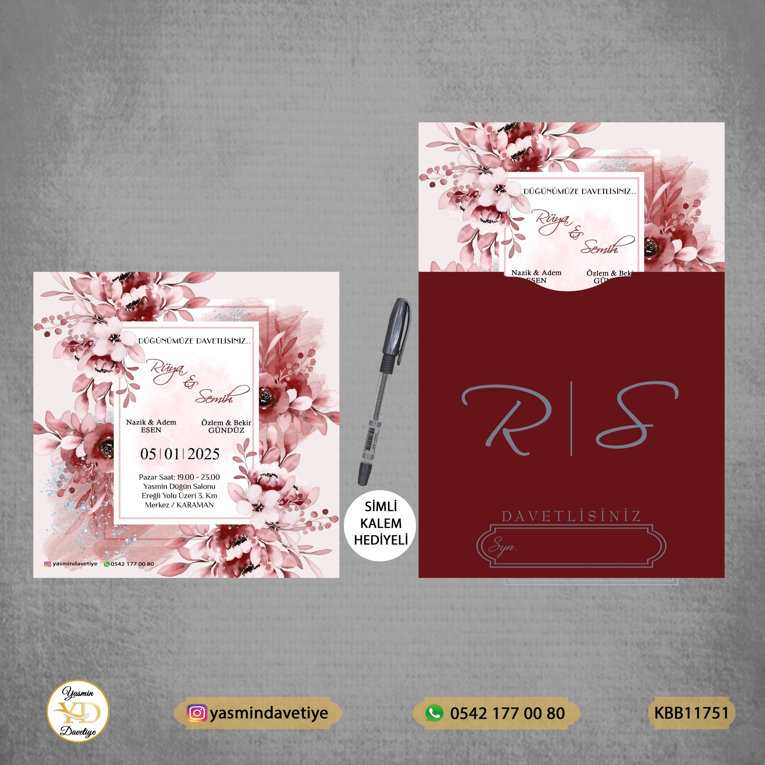 KARE BASKILI BORDO – KBB11751 Yasmin Davetiye Düğün - Sünnet - Nişan Davetiyeleri KARE BASKILI BORDO – KBB11751 - Görsel 1