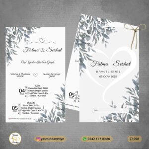 ÇİFTLİ DAVETİYE Ç1098 Yasmin Davetiye Düğün Davetiyeleri , Sünnet Davetiyeleri, Nişan Davetiyeleri