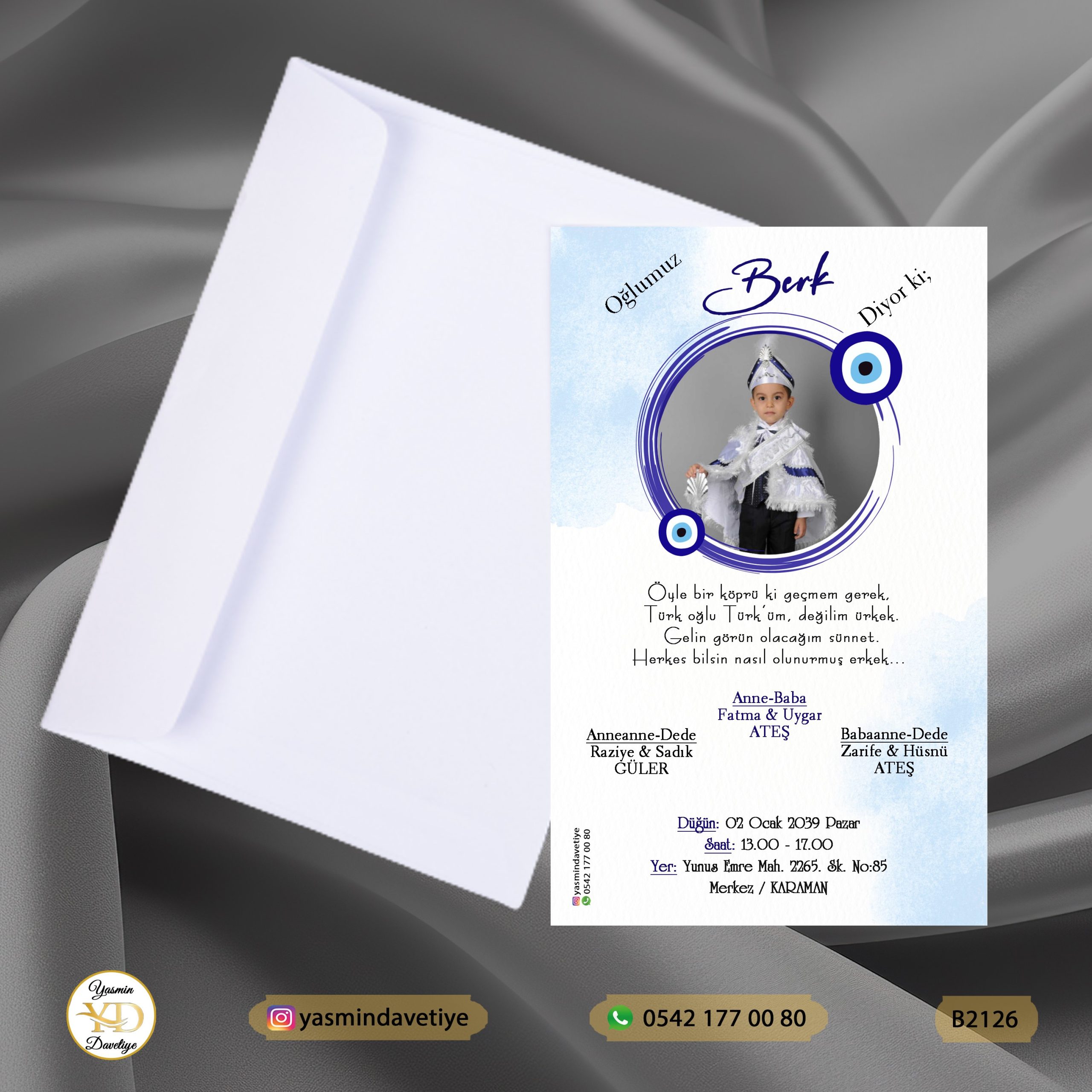 BEYAZ ZARFLI DAVETİYE B2126 Yasmin Davetiye Düğün - Sünnet - Nişan Davetiyeleri BEYAZ ZARFLI DAVETİYE B2126 - Görsel 1