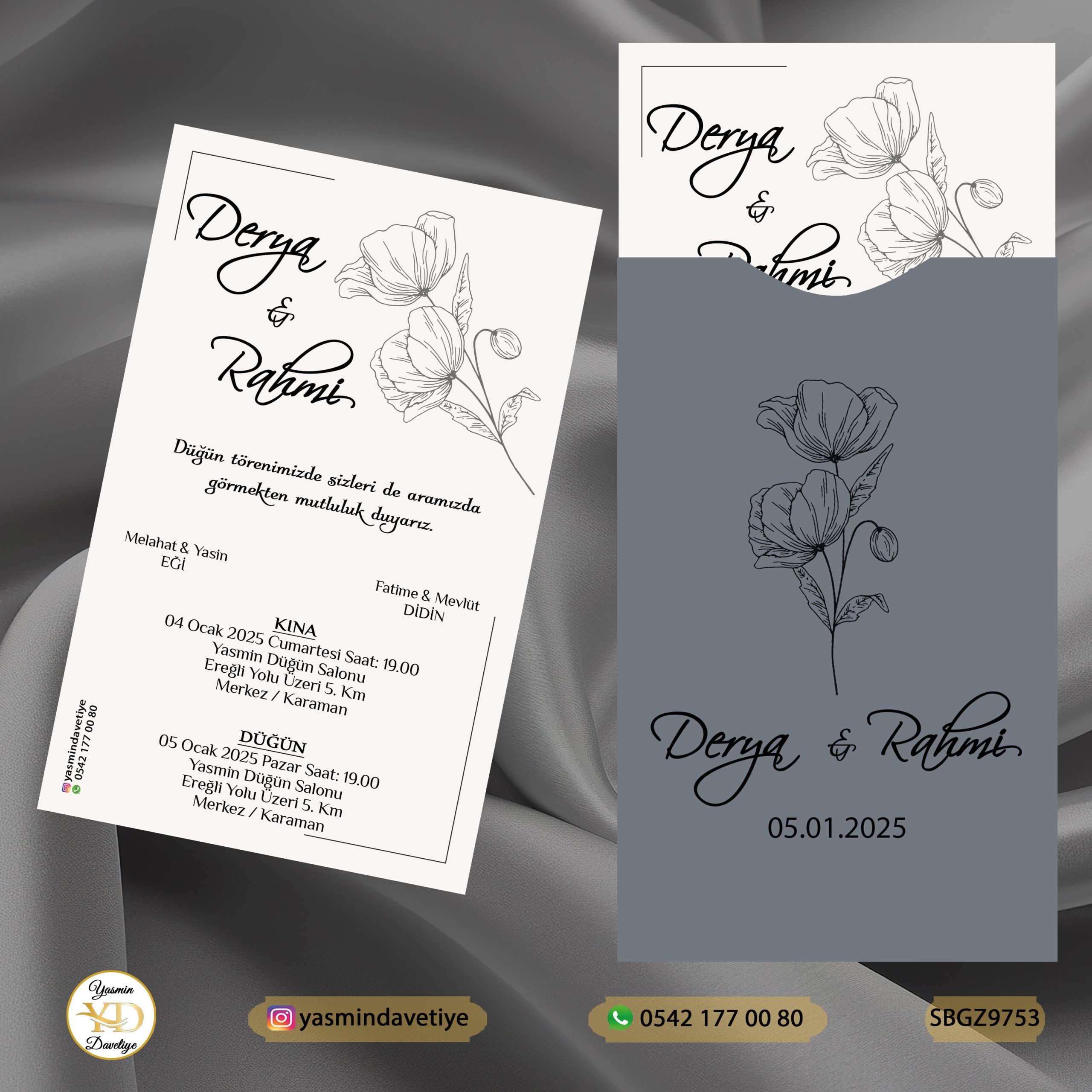 SİYAH BASKILI KAPALI GRİ ZARFLI DAVETİYE SBGZ9753 Yasmin Davetiye Düğün - Sünnet - Nişan Davetiyeleri SİYAH BASKILI KAPALI GRİ ZARFLI DAVETİYE SBGZ9753 - Görsel 1
