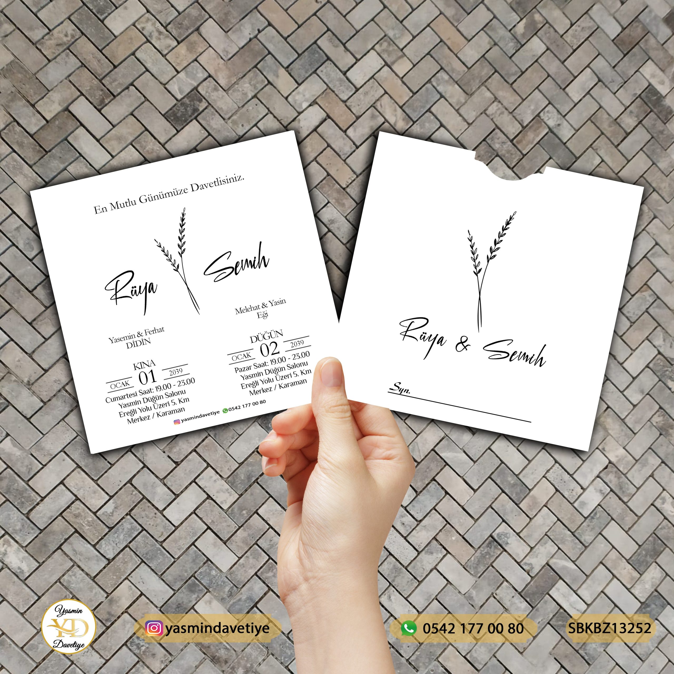 SİYAH BASKILI KARE BEYAZ ZARFLI DAVETİYE SBKBZ13252 Yasmin Davetiye Düğün - Sünnet - Nişan Davetiyeleri SİYAH BASKILI KARE BEYAZ ZARFLI DAVETİYE SBKBZ13252 - Görsel 1