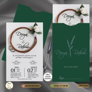 Gümüş Baskılı Kapalı Yeşil Zarflı Davetiye GBKY13503 Yasmin Davetiye Düğün Davetiyeleri , Sünnet Davetiyeleri, Nişan Davetiyeleri